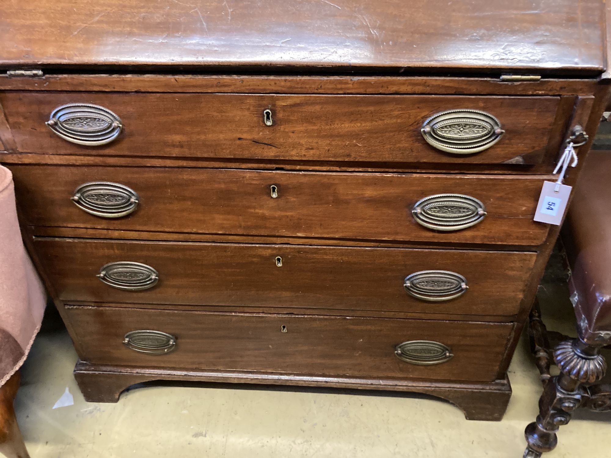 A George III mahogany bureau, width 91cm, depth 45cm, height 102cm